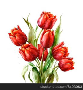 Illustration of watercolor hand drawn set of colorful red tulips isolated on white background. Spring flowers. Card for Mothers day, 8 March, wedding.. Illustration of watercolor hand drawn set of colorful red tulips bouquet isolated on white background. Spring flowers. Card for Mothers day, 8 March, wedding.