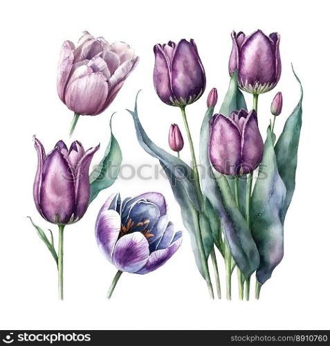 Illustration of watercolor hand drawn set of colorful red tulips isolated on white background. Spring flowers. Card for Mothers day, 8 March, wedding.. Illustration of watercolor hand drawn set of colorful puple tulips isolated on white background. Spring flowers. Card for Mothers day, 8 March, wedding.