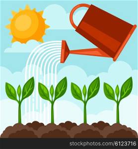 Illustration of watering plants from can. Image for advertising booklets, banners, flayers and articles.