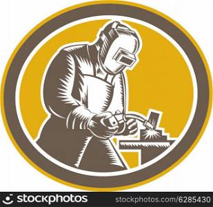 Illustration of welder fabricator worker working using welding torch viewed from side set inside oval on isolated background done in retro woodcut style.. Welder Welding Side Woodcut Oval Retro