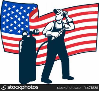 Illustration of welder worker standing with visor up looking to the side holding welding torch with tank viewed from front with usa american stars and stripes flag wavy waving in the background done in retro style. . Welder Standing Visor Up USA Flag Wavy Retro