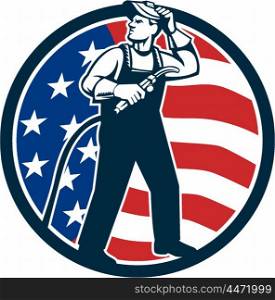 Illustration of welder worker standing with visor up looking to the side holding welding torch with tank viewed from front set inside circle with usa american stars and stripes flag in the background done in retro style. . Welder Standing Visor Up USA Flag Circle Retro