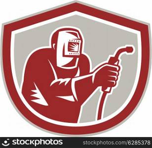 Illustration of welder worker working holding welding torch viewed from front set inside shield on isolated background done in retro style.. Welder Worker Holding Welding Torch Shield Retro