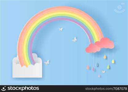 illustration of white envelope with clover and rainbow on cloud sky colorful pastel invitation.Butterfly fly in air. Creative design paper craft and cut origami style. simple minimalist color.vector