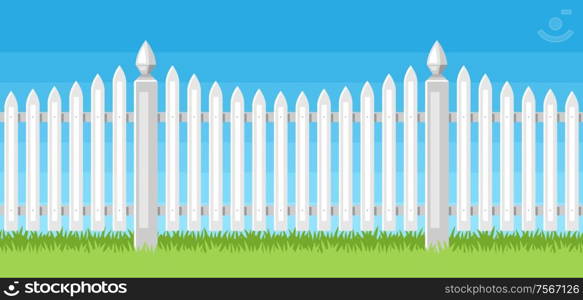 Illustration of white wooden fence. Garden, field or yard hedge section.. Illustration of white wooden fence.