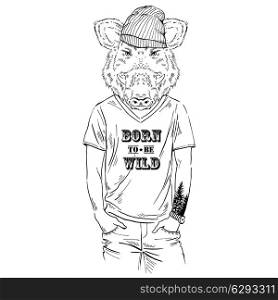 Illustration of wild boar dressed up in t-shirt with quote