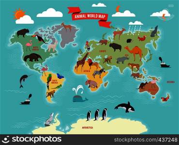 Illustration of wildlife animals on the world map. Vector illustrations set. World map with animals from america, asia, antarctica and eurasia. Illustration of wildlife animals on the world map. Vector illustrations set