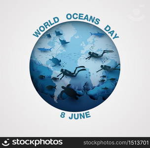 Illustration of wildlife under sea and world ocean day, paper cut style.