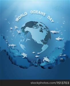 Illustration of wildlife under sea and world ocean day, paper cut style.