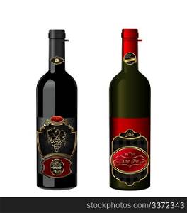 Illustration of wine bottles with attached vintage labels isolated on white background - vector
