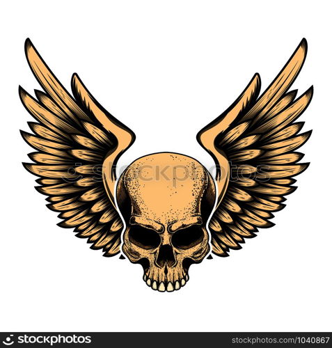 Illustration of winged skull in tattoo style isolated on white background. Design element for logo, label, badge, sign. Vector illustration