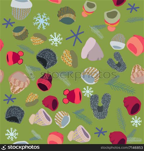 Illustration of winter headwear with snowflakes and pine tree twigs seamless pattern on green background. Web, wrapping paper, textile, wallpaper design, background fill.. Illustration of winter headwear with snowflakes and pine tree twigs seamless pattern on green background