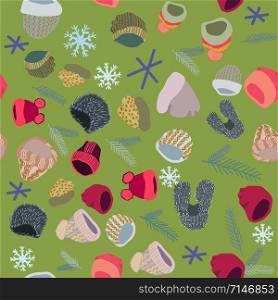 Illustration of winter headwear with snowflakes and pine tree twigs seamless pattern on green background. Web, wrapping paper, textile, wallpaper design, background fill.. Illustration of winter headwear with snowflakes and pine tree twigs seamless pattern on green background