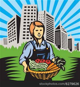 Illustration of woman female organic farmer holding basket of crop produce harvest of vegetables tomato carrots beans squash facing front on with office building urban backdrop skyline in background done in retro wpa woodcut style.