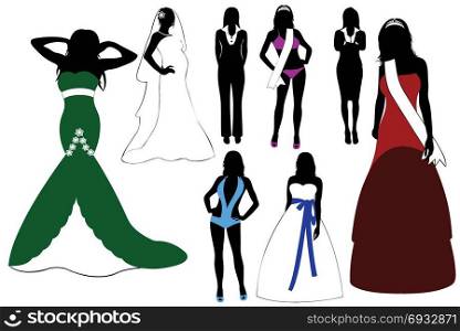 Illustration of women wearing different dresses isolated on white