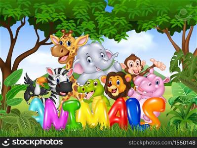 Illustration of Word animal with cartoon wild animal