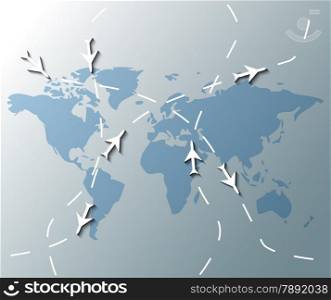 Illustration of world map with airplanes