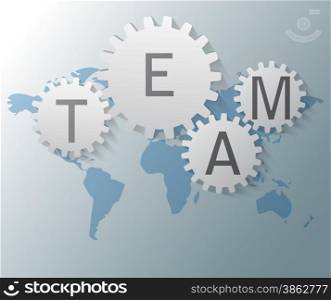 Illustration of world map with gears and team text