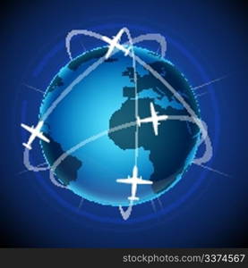 illustration of world tour with globe and plane on abstract background