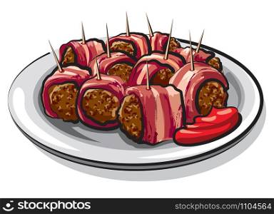 illustration of wrapped bacon meatballs on plate. wrapped bacon meatballs