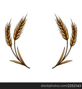 Illustration of wreath of wheat in engraving style. Design element for emblem, sign, poster, card, banner, flyer. Vector illustration