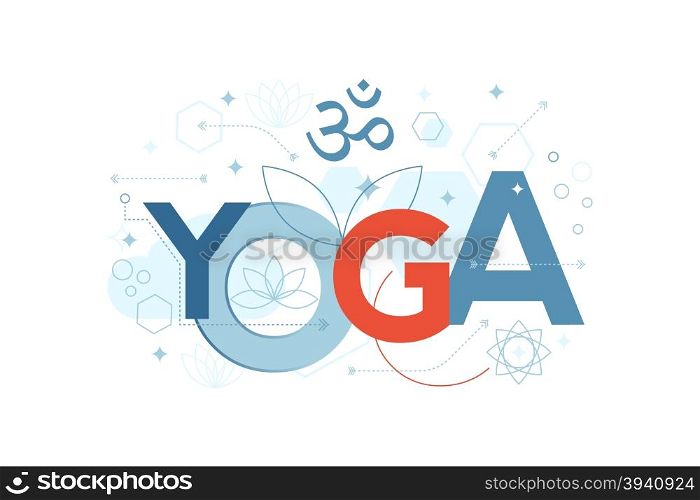 Illustration of yoga word typography in blue theme with red accent