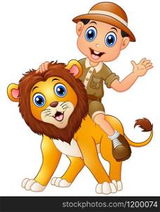 illustration of Young boy in safari suit and wild lion cartoon