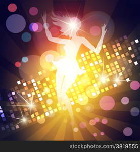Illustration of young girl dancing in a night club against discotheque lights