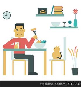 Illustration of young man eat salad at home