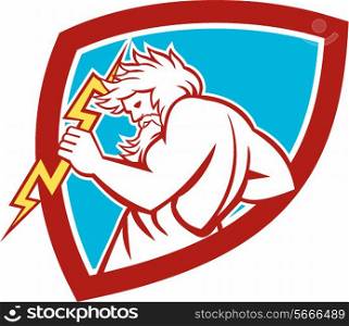 Illustration of Zeus, Greek god of the sky and ruler of the Olympian gods wielding holding a thunderbolt set inside shield on isolated white background.