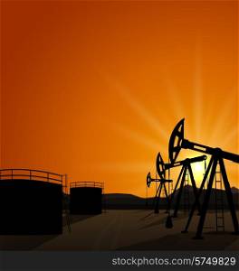 Illustration oil pump jack for petroleum and reserve tanks on sunrise background - vector