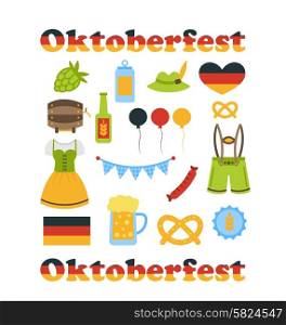 Illustration Oktoberfest Colorful Symbols Isolated on White Background - Vector