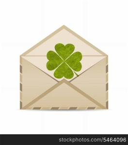 Illustration old envelope with clover isolated on white background for St. Patrick&rsquo;s Day - vector