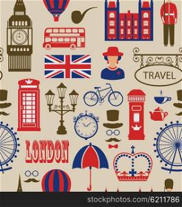 Illustration Old Seamless Texture of Silhouettes Symbols of Great Britain, Big Ben, Queen, Queen&amp;#39;s Guard, Crown, Wheel, Bus, Telephone Box, Post Box, Umbrella. Vintage Wallpaper - Vector