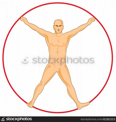 illustration on the human anatomy showing a male standing on isolated background spread eagle like da vinci man. male human anatomy standing