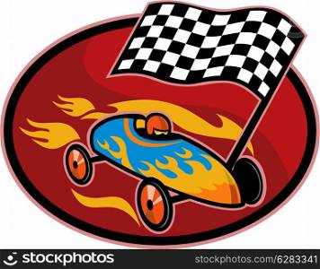 illustration on the sport of Soap box derby racing with race flag set inside a circle. Soap box derby racing with race flag
