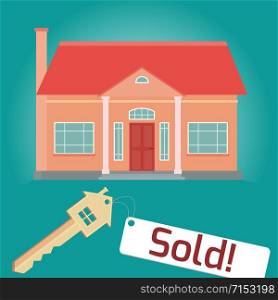 Illustration on the theme of home sales. House, key tag. Flat.