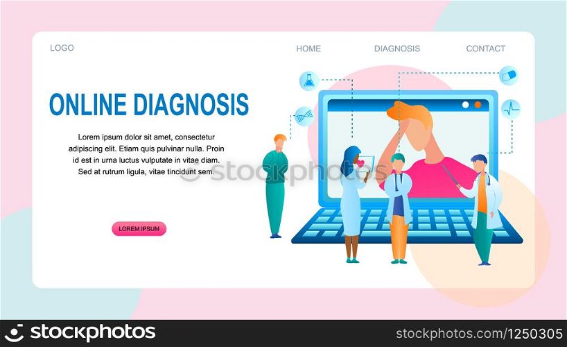 Illustration Online Diagnosis Patient Diagnostics. Banner Vector Group Doctor Standing in Front Laptop Screen, Prescribing Medical Treatment for Male Patient. Meeting Specialist. Definition Disease.