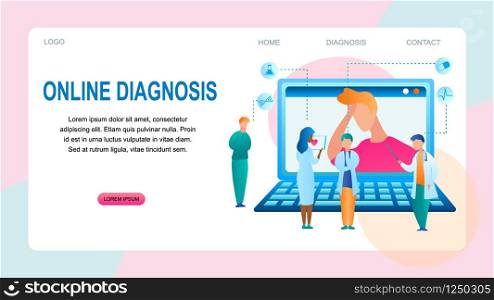 Illustration Online Diagnosis Patient Diagnostics. Banner Vector Group Doctor Standing in Front Laptop Screen, Prescribing Medical Treatment for Male Patient. Meeting Specialist. Definition Disease.