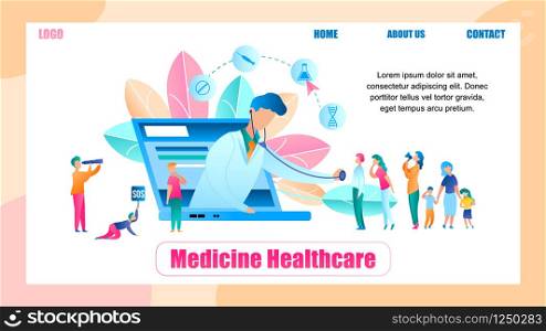 Illustration Online Doctor Survey Group People. Banner Vector Medicine Healthcare. Pediatrician Examines Patient from Screen Laptop Monitor. People Seeking Medical Help from Doctor. Choice Treatment