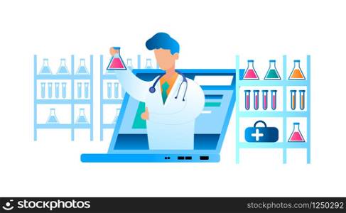 Illustration Online Medical Examination Disease. Vector Image Doctor in White Medical Gown Using Laptop Reports Result Analysis. Medical Laboratory. Rack with Ampoule and Flask. Scientific Research