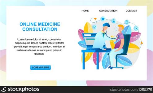 Illustration Online Medicine Consultation Doctor. Banner Vector Male Pediatrician Examines Patient with Laptop Monitor Screen. Guy Sitting Table Measures Temperature Body Thermometer. Modern Medicine