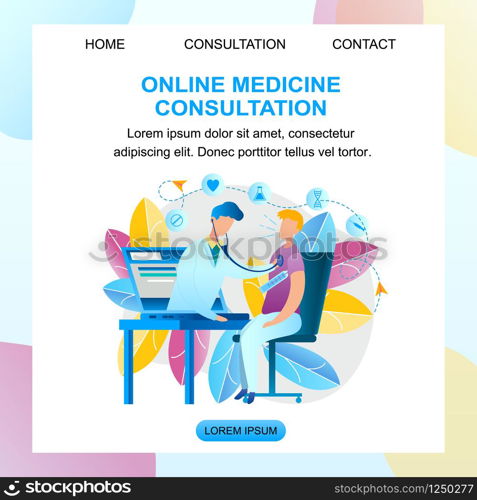 Illustration Online Medicine Consultation Doctor. Banner Vector Male Pediatrician Examines Patient with Laptop Monitor Screen. Guy Sitting Table Measures Temperature Body Thermometer. Pill, Syringe