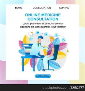 Illustration Online Medicine Consultation Doctor. Banner Vector Male Pediatrician Examines Patient with Laptop Monitor Screen. Guy Sitting Table Measures Temperature Body Thermometer. Pill, Syringe