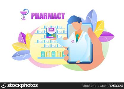 Illustration Online Ordering Medication Pharmacy. Vector Image Hand is Holding Mobile Phone. on Screen Device, Male Pharmacist Pulls Out Package Drug. Buying Medicine Online Using Smartphone