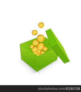Illustration open cardboard box with golden coins for St. Patrick&rsquo;s Day, isolated on white background - vector