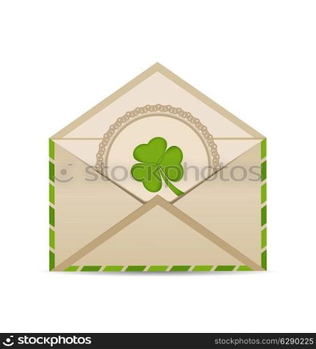 Illustration open vintage envelope with clover isolated on white background for St. Patrick&rsquo;s Day - vector