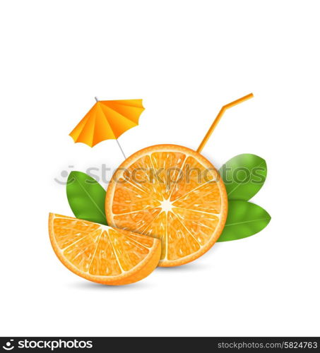 Illustration Orange as a Drink with a Straw and Umbrella, Ripe Citrus - Vector