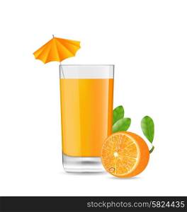 Illustration Orange Cool Cocktail with Umbrella and Half of Fruit, Isolated on White Background - Vector