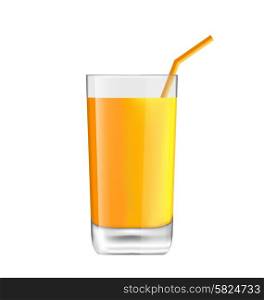 Illustration Orange Juice in Glass with Bend Straw, Isolated on White Background, Realistic Beverage - Vector